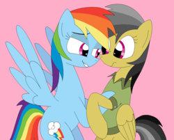 Size: 1138x916 | Tagged: safe, artist:hyolark, daring do, rainbow dash, pegasus, pony, g4, bedroom eyes, female, lesbian, pink background, ship:daringdash, shipping, simple background