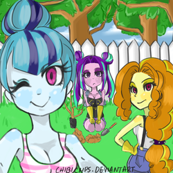 Size: 4000x4000 | Tagged: safe, artist:chibicmps, adagio dazzle, aria blaze, sonata dusk, equestria girls, g4, cleavage, cute, female, gardening, selfie, sonatabetes, the dazzlings, trio, wink