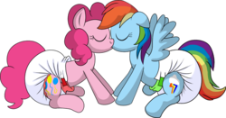 Size: 1000x523 | Tagged: safe, artist:fillyscoots42, pinkie pie, rainbow dash, pegasus, pony, g4, diaper, diaper fetish, duo, female, kiss on the lips, kissing, lesbian, mare, non-baby in diaper, poofy diaper, ship:pinkiedash, shipping, super crinkle pony adventure 64