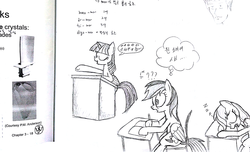 Size: 3244x1968 | Tagged: safe, artist:hyolark, applejack, rainbow dash, twilight sparkle, alicorn, pony, g4, book, desk, doodle, female, korean, mare, monochrome, sleeping, sleeping in class, traditional art, twilight sparkle (alicorn)