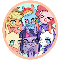 Size: 1500x1500 | Tagged: safe, artist:puzi, applejack, fluttershy, pinkie pie, rainbow dash, rarity, twilight sparkle, alicorn, pony, g4, female, mane six, mare, pixiv, twilight sparkle (alicorn)