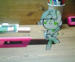 Size: 865x721 | Tagged: safe, artist:danadyu, lyra heartstrings, pony, unicorn, g4, irl, knife, paper child, photo, sitting, solo, this will end in tears, traditional art