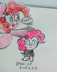 Size: 703x888 | Tagged: safe, artist:danadyu, pinkie pie, g4, dress-up pinkie, fedora, female, fourth wall, hat, multeity, part of a series, simple background, solo