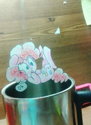 Size: 694x950 | Tagged: safe, artist:danadyu, pinkie pie, earth pony, pony, g4, craft, cup, falling, irl, paper pony, papercraft, photo, speech bubble