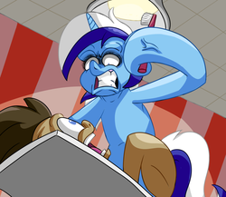 Size: 1024x890 | Tagged: safe, artist:witchtaunter, doctor whooves, minuette, time turner, earth pony, pony, unicorn, g4, angry, background pony, cabinet, dentist, gritted teeth, hoof hold, lamp, lying down, on back, screaming, teeth, terrified, toothbrush, vein, vein bulge