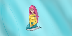 Size: 1366x685 | Tagged: safe, artist:llamacreator, fluttershy, human, g4, clothes, female, humanized, solo, sweatershy