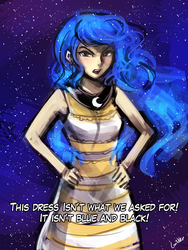 Size: 720x960 | Tagged: safe, artist:lumineko, princess luna, human, g4, clothes, dress, female, humanized, looking at you, meme, moonbutt, praise the moon, solo, white and gold or black and blue dress meme