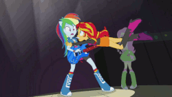 Size: 960x540 | Tagged: safe, screencap, fluttershy, rainbow dash, sunset shimmer, equestria girls, g4, my little pony equestria girls: rainbow rocks, female, funny face, gif, guitar, musical instrument, non-animated gif, tambourine