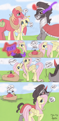 Size: 585x1200 | Tagged: safe, artist:miiku-nya, big macintosh, fluttershy, king sombra, earth pony, frog, pony, g4, male, ship:fluttermac, ship:sombrashy, shipping, spanish, stallion, straight, transformation, translated in the comments