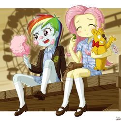 Size: 1000x1000 | Tagged: safe, artist:uotapo, fluttershy, rainbow dash, human, equestria girls, g4, 1800s, bag, blushing, clothes, cotton candy, crying, cute, dashabetes, dress, eating, eyes closed, female, ferris wheel, food, gingham, gummy bear, gummy bears, haribo, hug, jacket, kneesocks, mary janes, melody (movie), messy, open mouth, plushie, school uniform, schoolgirl, shoes, shyabetes, sitting, smiling, socks, toy, uniform, uotapo is trying to murder us, younger