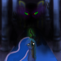 Size: 1000x1000 | Tagged: safe, artist:caom, king sombra, princess luna, queen chrysalis, changeling, changeling queen, g4, darkness, female, looking at you