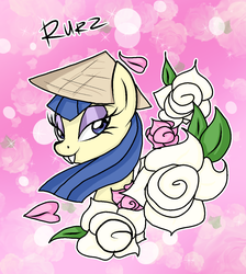 Size: 1092x1220 | Tagged: safe, artist:ruritn, powder rouge, pony, g4, asian, asian conical hat, bucktooth, chinese, female, flower, hat, mare, op is a duck, racism, rose, solo, stereotype, teeth