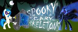 Size: 959x404 | Tagged: safe, artist:moonsugar33, dj pon-3, nightmare moon, vinyl scratch, g4, 2spooky, banner, bass cannon, eyes closed, grin, gritted teeth, nightmare night, raised hoof, smiling, spooky scary skeleton, spread wings