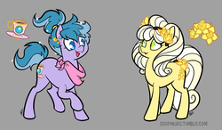 Size: 900x526 | Tagged: safe, artist:egophiliac, march daffodil (g3), march mischief, earth pony, pony, g3, g4, birthflower ponies, clothes, cutie mark, ear piercing, g3 to g4, generation leap, gray background, jewel birthday ponies, looking at each other, open mouth, piercing, raised hoof, scarf, simple background, smiling