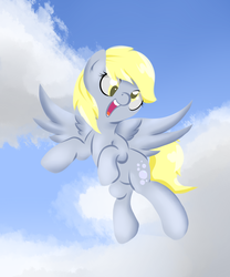 Size: 1064x1277 | Tagged: safe, artist:alazak, derpy hooves, pegasus, pony, g4, cute, derpabetes, female, flying, happy, mare, sky, solo