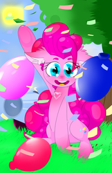 Size: 1024x1583 | Tagged: safe, artist:resonent-chaos, pinkie pie, g4, balloon, confetti, looking at you, smiling, tree