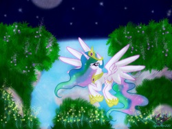 Size: 1024x768 | Tagged: safe, artist:aquaangel1010, princess celestia, alicorn, pony, g4, female, flying, grass, night, river, solo, starry sky, water