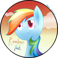 Size: 2928x2958 | Tagged: safe, artist:yaco, rainbow dash, pegasus, pony, g4, bust, cloud, female, high res, icon, mare, signature, solo, text