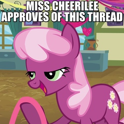 Size: 600x600 | Tagged: safe, edit, edited screencap, screencap, cheerilee, g4, hearts and hooves day (episode), bedroom eyes, caption, classroom, female, hearts and hooves day, image macro, open mouth, raised hoof, reaction image, ribbon, solo