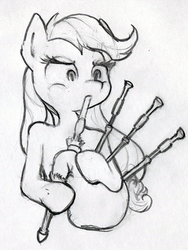 Size: 600x799 | Tagged: safe, artist:gezawatt, applejack, g4, bagpipes, monochrome, musical instrument, pencil drawing, sketch, traditional art