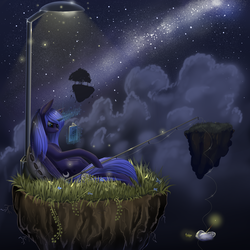 Size: 4000x4000 | Tagged: dead source, safe, artist:f13proxima, princess luna, g4, book, dirt cube, female, fishing, floating island, long ears, night, reading, russian, solo, stars