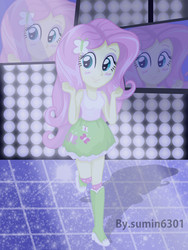 Size: 1800x2399 | Tagged: safe, artist:sumin6301, fluttershy, equestria girls, g4, blushing, clothes, dancing, female, skirt, solo, tank top