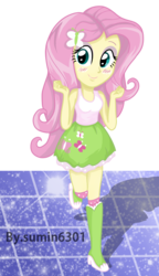 Size: 1308x2273 | Tagged: safe, artist:sumin6301, fluttershy, equestria girls, g4, blushing, boots, breasts, clothes, dancing, female, high heel boots, raised leg, simple background, skirt, socks, solo, tank top, transparent background, vector
