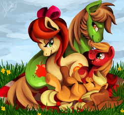 Size: 2227x2067 | Tagged: safe, artist:shivall, applejack, big macintosh, oc, earth pony, pony, g4, apple family, applejack's parents, colt, female, filly, high res, male, palindrome get, stallion, younger