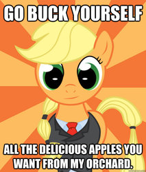 Size: 588x691 | Tagged: safe, applejack, g4, alternate hairstyle, buck, clothes, image macro, meme, successful applejack, suit
