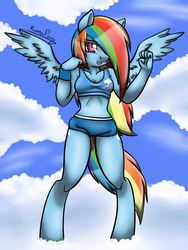 Size: 900x1200 | Tagged: safe, artist:rainbowdrool, rainbow dash, pegasus, anthro, unguligrade anthro, g4, clothes, cloud, cloudy, female, grin, hair over one eye, lidded eyes, looking at you, mare, midriff, shorts, sky, smiling, solo, sports bra, spread wings