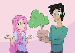 Size: 1000x700 | Tagged: safe, artist:looji, fluttershy, oc, oc:heath, human, g4, humanized, humanized oc, male, pun, shrug, tree, visual pun