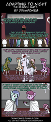 Size: 850x2020 | Tagged: safe, artist:drawponies, artist:terminuslucis, berry punch, berryshine, dj pon-3, lyra heartstrings, ruby pinch, vinyl scratch, oc, oc:mobius, oc:seeker, earth pony, pony, undead, unicorn, vampire, vampony, comic:adapting to night, comic:adapting to night: the reborn, g4, bloodshot eyes, blue coat, blue fur, blue hair, blue mane, book, chair, cloak, cloaked, clothes, comic, cult, cultist, dhampir, female, glasses, implied drug use, looking at someone, mother and child, mother and daughter, oc villain, pink coat, pink fur, purple coat, purple fur, purple hair, purple mane, purple tail, sad, tail, tearjerker, the implications are horrible, this will end in death, this will end in tears, this will end in tears and/or death, this will not end well, unfortunate implications, wide eyes, woobie