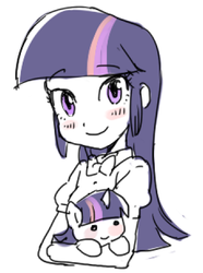 Size: 343x461 | Tagged: safe, artist:baekgup, twilight sparkle, human, pony, equestria girls, g4, my little pony equestria girls: rainbow rocks, blushing, chibi, cute, holding a pony, human ponidox, looking at you, portrait, smiling, twilight sparkle (alicorn)