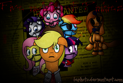 Size: 1024x691 | Tagged: safe, artist:lerkoto, applejack, fluttershy, pinkie pie, rainbow dash, rarity, spike, twilight sparkle, pony, robot, robot pony, five nights at aj's, g4, animatronic, applefreddy, applefreddy fazjack's pizzeria, creepy, crossover, five nights at aj's 2, five nights at freddy's, flutterchica, rarionette