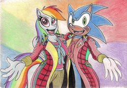 Size: 1280x890 | Tagged: safe, artist:jameythehedgehog, rainbow dash, anthro, g4, clothes, cravat, crossover, doctor who, frock coat, male, outfit, sixth doctor, sonic the hedgehog, sonic the hedgehog (series)