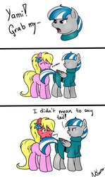 Size: 689x1159 | Tagged: safe, artist:cwossie, oc, oc only, oc:northern cross, earth pony, pegasus, pony, biting, clothes, comic, czequestria, dress, duo, female, flower, flower in hair, grab my meme, mare, meme, nom, ponysona, tail bite