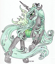 Size: 900x1047 | Tagged: safe, artist:oriwhitedeer, queen chrysalis, changeling, changeling queen, g4, alternate hairstyle, female, solo, traditional art