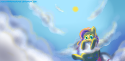 Size: 1200x590 | Tagged: safe, artist:yukomaussi, fluttershy, pegasus, pony, g4, cloud, cloudy, female, mare, solo, vertigo