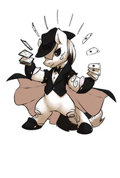 Size: 1280x1894 | Tagged: safe, artist:atryl, oc, oc only, oc:ace sleeves, pony, bowtie, card, clothes, fedora, hat, looking at you, magic, magic trick, magician, male, markings, playing card, simple background, solo, stallion, suit, white background