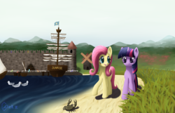 Size: 1500x963 | Tagged: safe, artist:galekz, fluttershy, twilight sparkle, crab, pony, seagull, unicorn, g4, beach, castle, duo, ocean, ship, unicorn twilight