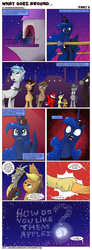 Size: 1053x2852 | Tagged: safe, artist:saturdaymorningproj, applejack, discord, princess luna, oc, alicorn, earth pony, original species, pony, unicorn, comic:what goes around, g4, butt, comic, female, mare, moon, plot, praise the moon, prank, revenge, shocked