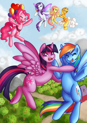 Size: 742x1050 | Tagged: safe, artist:bumblebun, applejack, fluttershy, pinkie pie, rainbow dash, rarity, twilight sparkle, alicorn, earth pony, pegasus, pony, unicorn, g4, apple tree, balloon, cloud, eyes closed, female, floating, flying, flying lesson, glimmer wings, mane six, mare, open mouth, smiling, then watch her balloons lift her up to the sky, tree, twilight sparkle (alicorn)