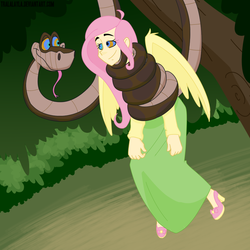 Size: 900x900 | Tagged: safe, artist:tralalayla, fluttershy, human, snake, g4, clothes, coils, crossover, humanized, imminent vore, kaa, kaa eyes, long skirt, mind control, peril, shoes, skirt, winged humanization