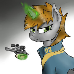 Size: 894x894 | Tagged: safe, artist:slouping, oc, oc only, oc:littlepip, pony, unicorn, fallout equestria, clothes, fanfic, fanfic art, female, glowing horn, gradient background, gun, handgun, horn, jumpsuit, levitation, little macintosh, looking at you, magic, mare, optical sight, portrait, revolver, simple background, solo, telekinesis, unhappy, vault suit, weapon