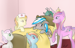 Size: 1800x1150 | Tagged: safe, artist:cwossie, princess cadance, queen chrysalis, rainbow dash, spitfire, sweetie belle, oc, oc:northern cross, ghost, g4, backwards thermometer, bed, blushing, crying, fever, hallucination, nurse, sick, thermometer