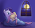 Size: 1000x810 | Tagged: safe, artist:empyu, fluttershy, rarity, pegasus, pony, unicorn, g4, blanket, cuddling, duo, moon, night, snuggling, window