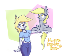 Size: 800x700 | Tagged: safe, artist:heir-of-rick, derpy hooves, human, pegasus, pony, equestria girls, g4, behaving like a bird, cute, derpabetes, derpy day, derpy day 2015, human ponidox, impossibly large ears, midriff, square crossover