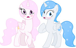 Size: 4000x2557 | Tagged: safe, artist:fuzzybrushy, princess celestia, oc, oc:white flare, alicorn, pony, g4, alicorn oc, blushing, canon x oc, duo, duo female, female, mare, pink-mane celestia, simple background, transparent background, younger