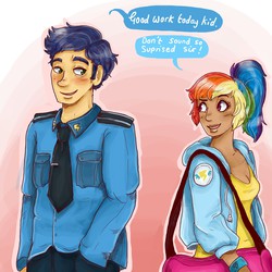 Size: 2000x2000 | Tagged: safe, artist:superlucky13, rainbow dash, soarin', human, g4, cleavage, clothes, female, high res, humanized, male, ship:soarindash, shipping, straight, sweatshirt, wonderbolts dress uniform