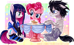 Size: 2200x1330 | Tagged: safe, artist:zorbitas, pinkie pie, angel, angel pony, earth pony, pony, g4, anarchy stocking, cake, clothes, crossover, death note, dress, female, glare, l, l lawliet, male, mare, panty and stocking with garterbelt, ponified, socks, stallion, table